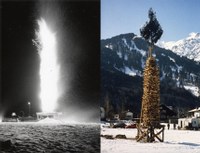 Original bonfire in Montafon: 1m long logs are stacked around a 15 - 20 meter Fir tree. Nails are not used - the logs are stacked cross-wise
