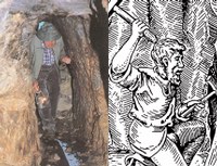 Anton Neumann, the "last miner" in the Montafon Valley, underway in a tunnel.
Miner with a pick and axe.
